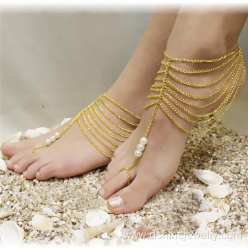 Toe Chain Anklet Pearl Jewelry Multi Chain Tassel Fingerless Anklet